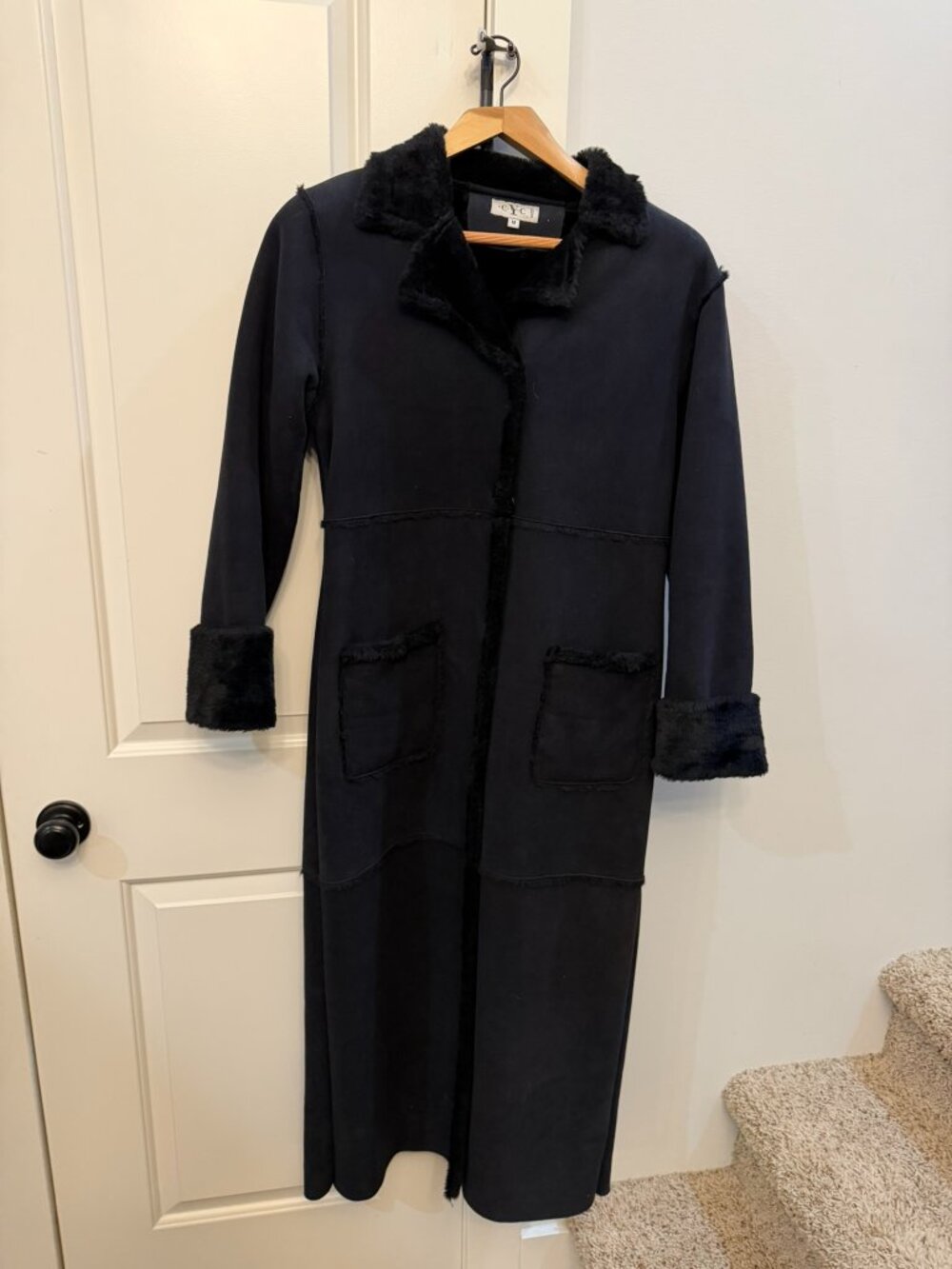 CYC Coco Club Black Faux Fur Trim Long Coat | Faux Suede Winter Coat | Size M